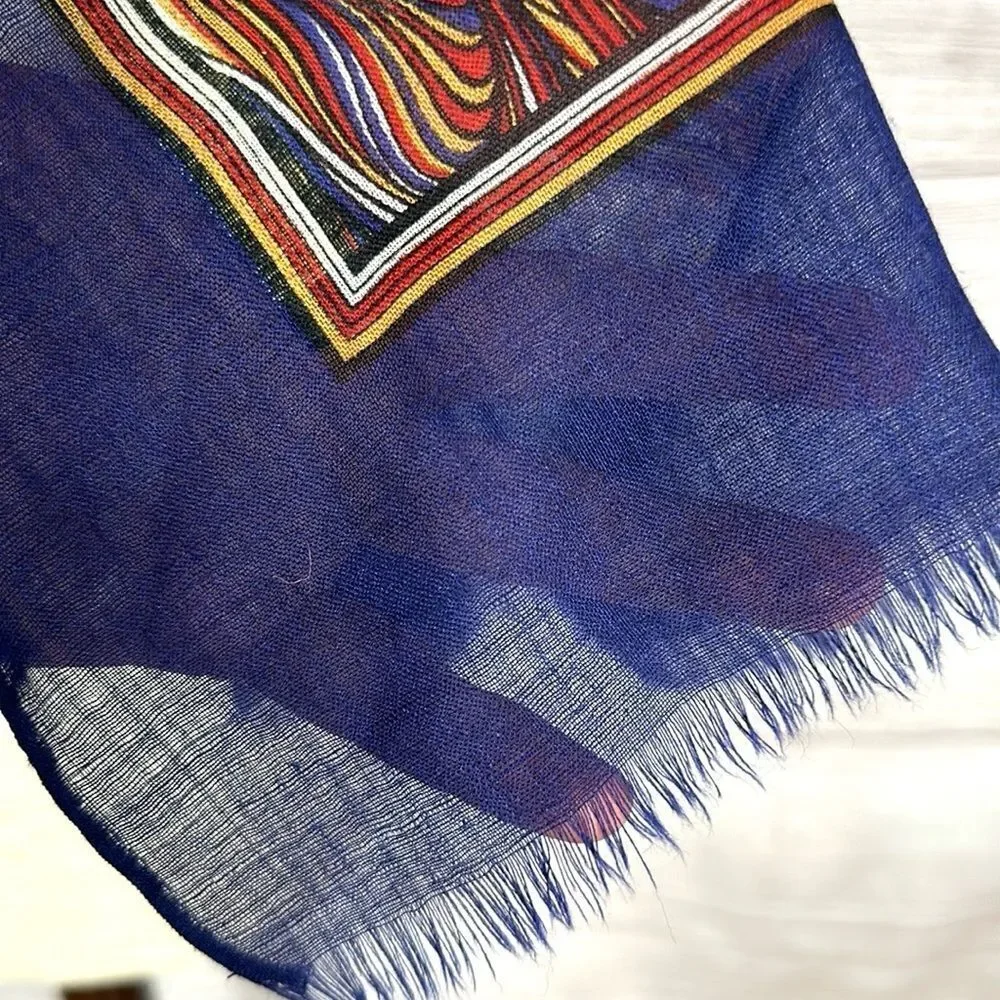Silk Wool Large Oblong Scarf Shawl Lightweight Wrap Blue Paisley Italy